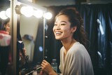 Fototapeta  - Actor applying theatrical makeup in the dressing room. generative AI