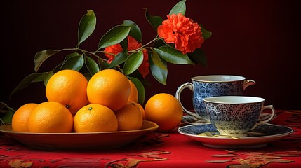 Tangerines and tea cups that are red.