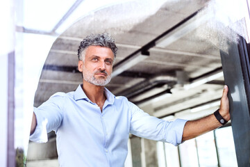 Wall Mural - Portrait of mature businessman looking out of window