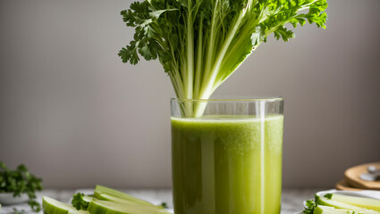 Wall Mural - Fresh celery juice in a glass, against the kitchen