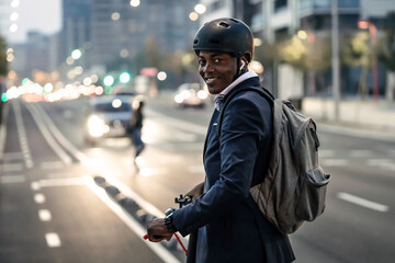 Poster - Portrait of smiling businessman with push scooter on bicycle lane in the evening