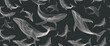 © VectorART - Luxury dark art background with hand drawn whale seamless pattern in line style. Animalistic banner for wallpaper, textile, print, poster, interior design.
