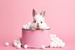 Creative Minimal Concept: Easter Day, Little White Baby Rabbit Bunny Sitting in Tin Pink Created with Generative AI Tools