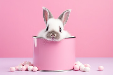 Creative Minimal Concept: Easter Day, Little White Baby Rabbit Bunny Sitting in Tin Pink Created with Generative AI Tools