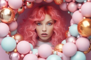 Wall Mural - Portrait of a young woman with vivid pink curly hair framed by a collection of pastel-colored beads