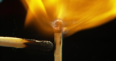 Wall Mural - ignite, fire and burning match on black background for heat, light and lighting wood in dark studio.