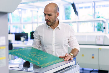 Confident mature male technician examining large circuit board at factory