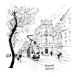 Vector sketch of Old town of Poznan in autumn, Poland. Black and white