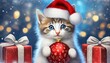 Mały, słodki kotek w czapce Świętego Mikołaja trzyma w łapkach czerwoną bombkę, obok leżą prezenty. Bożonarodzeniowe tło, kartka świąteczna