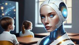 Futurystyczny humanoidalny robot uczący dzieci w szkole. Szkoła przyszłości, sztuczna inteligencja