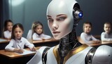 Futurystyczny humanoidalny robot uczący dzieci w szkole. Szkoła przyszłości, sztuczna inteligencja