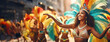 Women on dance carnival parade in Sambodromo. Competition of numerous samba schools from Rio de Janeiro, Brazil. Panorama with copy space.