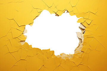 A yellow sheet of paper with a hole ripped and torn through the centre aperture opening making a frame or border for the underlying document, computer Generative AI stock illustration image