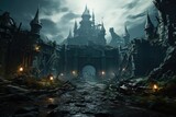 Fototapeta Londyn - An abandoned castle is a place where dead warriors are resurrected by a mage-necromancer
