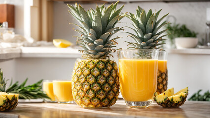 Canvas Print - Fresh pineapple juice in a glass, on kitchen background