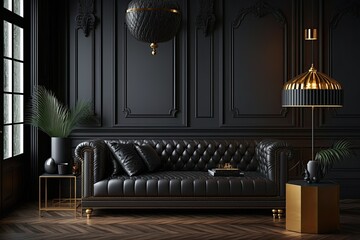 Canvas Print - Classic black sofa in classic interior with black walls, parquet floor, black leather sofa, gold pendant lamps