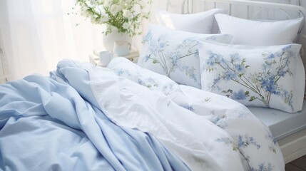 Poster - A bed with a blue comforter and pillows