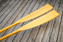 Blades Of Wooden Rowing Oars Against Rustic, Grunge Wood Deck