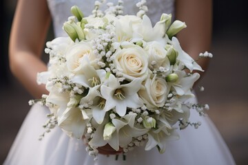 Sticker - Beautiful fresh bouquet of flowers in the hands of the bride close-up