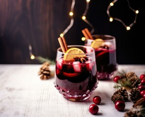 Wall Mural - Christmas mulled wine in glasses with cinnamon sticks and pine cones. Generative AI.