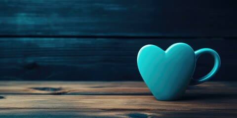 Poster - Blue heart shaped coffee mug on wooden table. Generative AI.