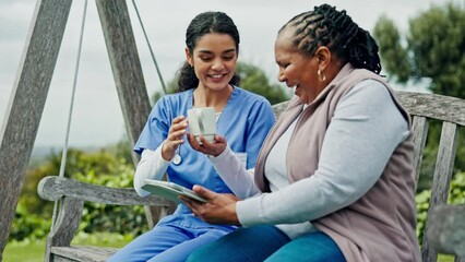 Poster - Senior woman, outdoor and nurse with coffee in nursing home garden for support and wellness. Old person, relax and happy retirement caregiver with tea, breakfast and care in the morning and park