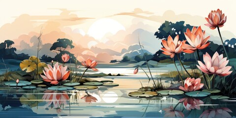 Wall Mural - A painting of lotus flowers, water lilies in a lake