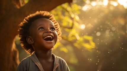 Wall Mural - Lively identity portrait of a young African boy, infectious laughter, candid moment of pure joy