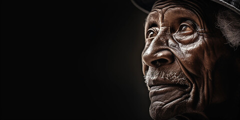 Wall Mural - Reflective emotive portrait of an elderly person, eyes gazing into the distance, textured skin, side lighting