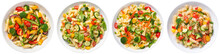 Pasta Primavera Collection, Four Plates With Different Noodle Types (Penne, Farfalle, Fusilli) And Mixed Vegetables, Top View, Isolated On A White Background