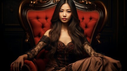 Wall Mural - beautiful young oriental girl with long hair sitting on a chair, 16:9