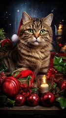 Canvas Print - A cat wearing a santa hat sitting on a table, AI