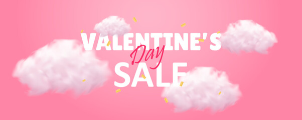 Wall Mural - Happy Valentine's day poster or voucher. Realistic cloud and golden confetti. Valentines day store discount promotion. Vector illustration