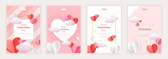 Wall Mural - Valentine's day posters set. Paper cure red and pink hearts and realistic cli. Cute love sale banners or greeting cards. Vector illustration