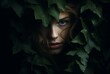 the woman hiding behind an ivy in the dark, realistic, emotive portraits, norwegian nature