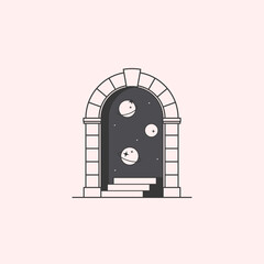 Wall Mural - Vector cosmic logo design template with portal,steps,planets,outer space and stars.Surreal abstract illustration in trendy minimal outline style.Celestial emblem.Branding design template.