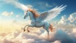 Majestic Fantasy Pegasus horse flying high above the clouds. Flight of the Pegasus. fantastic magical illustration
