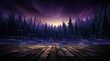 A blend of sharp geometric shapes in purple creating an abstract forest path.