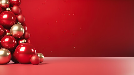 Wall Mural - Red Christmas background. Merry Christmas and Happy New Year promotional banner with red glossy Christmas decorations on red background with copy space for text