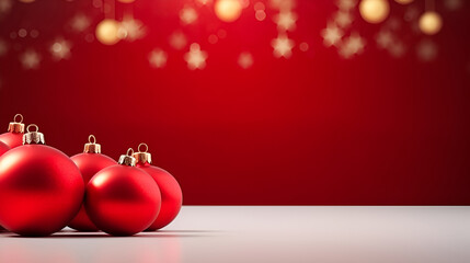 Wall Mural - Red Christmas background. Merry Christmas and Happy New Year promotional banner with red Christmas decorations bals  on red background with copy space for text