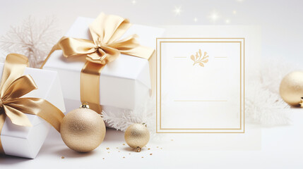 Wall Mural - White-themed festive backdrop for Christmas, featuring a white gift with a gold bow. Gilded Christmas balls and snowflakes enhance the festive atmosphere, with a graphic frame for text on the side.