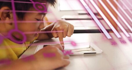 Wall Mural - Animation of graphs, globe and computer language over asian boy using digital tablet in classroom