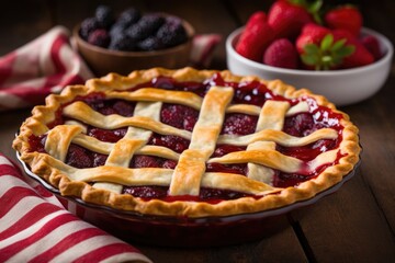 Wall Mural - Culinary heritage tribute: National Pie Day showcased through a mouthwatering pie against the iconic American flag, a delicious salute