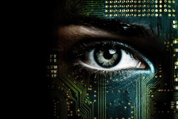 Close up of woman's eye against digital background with binary code concept