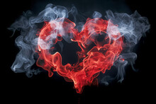 The Photo Depicts A Heart Shape Formed By Intertwining Red And White Smoke Against A Dark Background, Symbolizing Passion And Purity.
