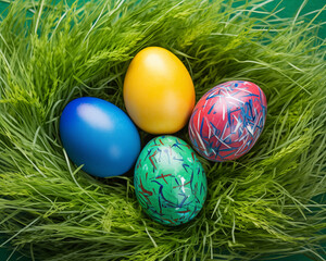 Grass nest of Easter decorated eggs. Festive background for Easter greeting card, banner. Spring design element