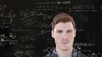 Poster - Animation of close up of smiling caucasian man standing against mathematical equation