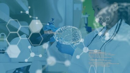 Wall Mural - Animation of element diagrams, brain and medical data over asian female scientist using microscope