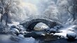 Generative AI : A footbridge over a frozen stream among snow-covered fir trees in the park