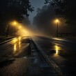 dangerous autumn road in fog and rain, slippery asphalt twilight on the highway car concept background